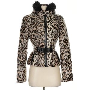 BEBE vintage animal print belted puffer jacket with faux fur hood